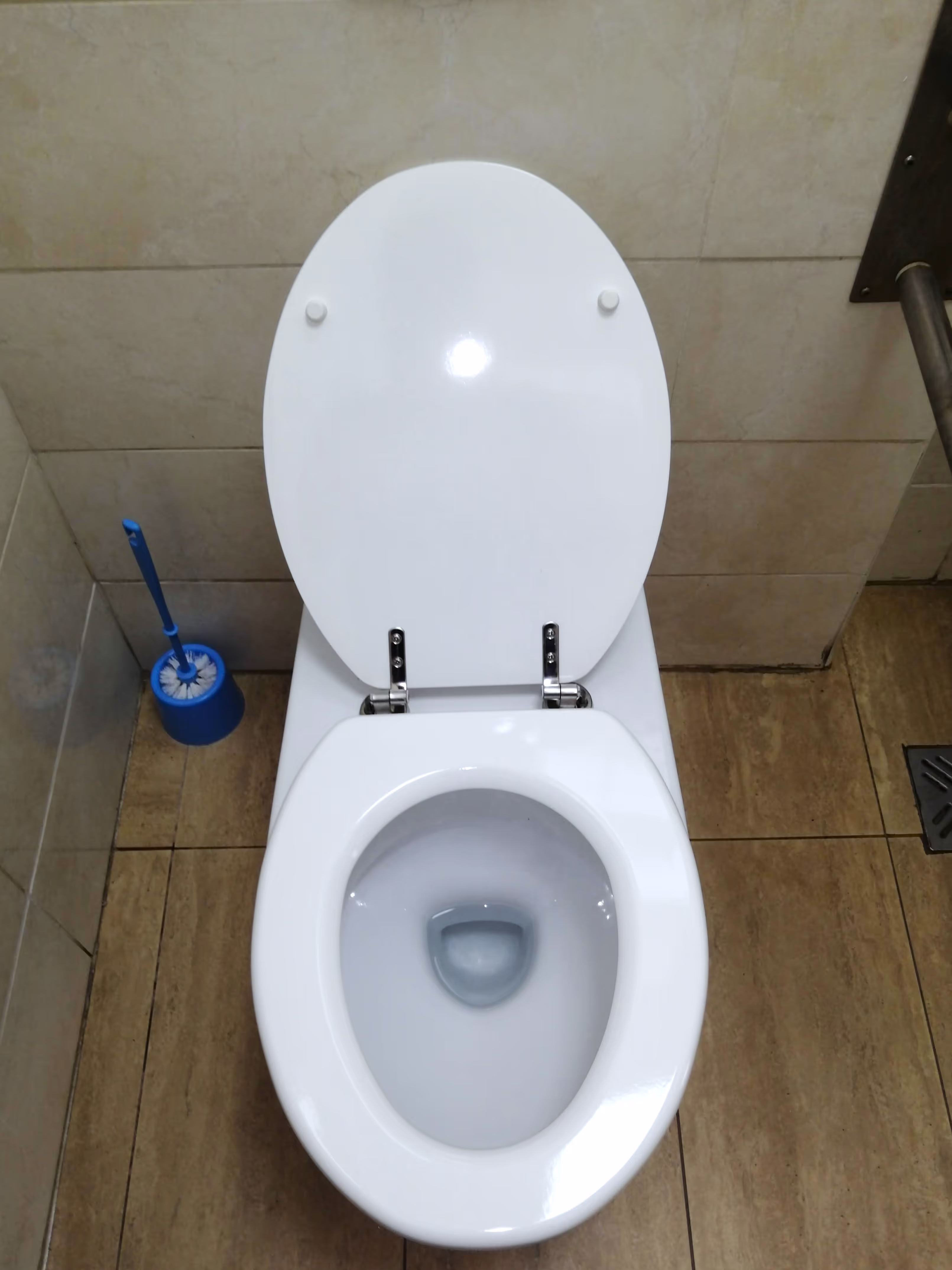 A white toilet with an open seat cover, installed in a tiled restroom with a blue toilet brush on the side.