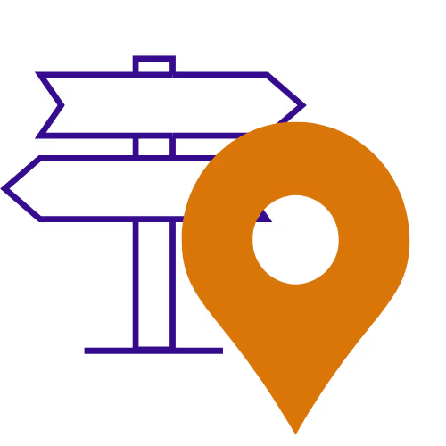 Orange location pin over a signpost.