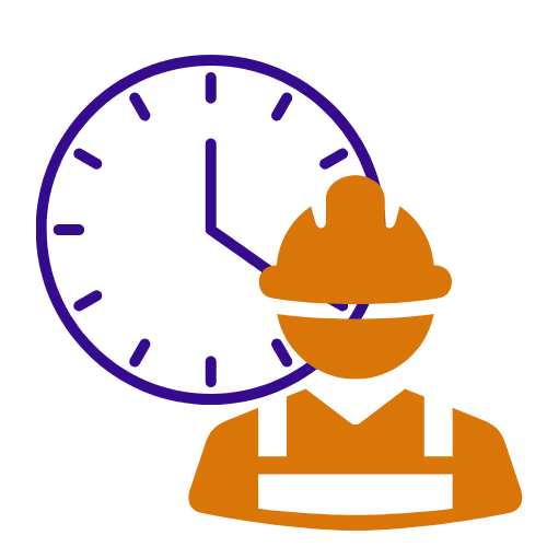 Orange worker silhouette with a clock behind, indicating work hours.