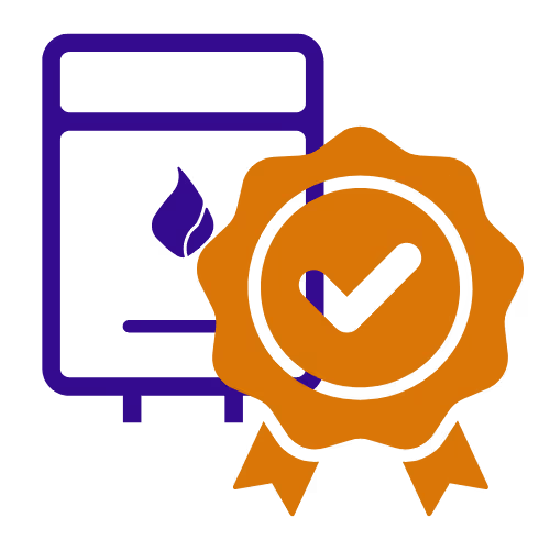 Warranty badge with a check mark next to a gas boiler.